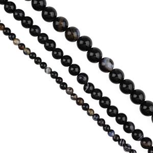 310cts Black Banded Agate Plain Rounds Approx 4mm, 6mm, 8mm, Set of 3 Strands    