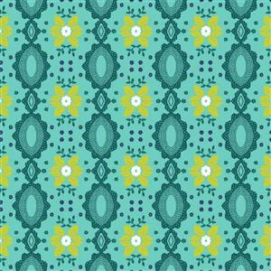 Nathalie Lete Folk Heart Flocked Small Aqua Fabric 0.5m