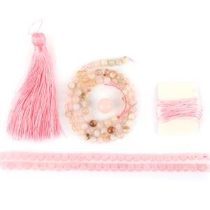 Cherry Blossom- 80cts Sakura Agate Plain Rounds  6mm, 200cts Rose Quartz Tassel Making Kit