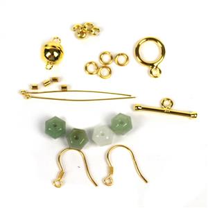 Simplicity; Jadeite Hexagon Beads 4pcs & Gold Plated 925 Sterling Silver Multifunctional Findings Pack