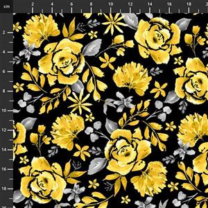 Henry Glass Misty Morning Black and Yellow Roses Fabric 0.5m