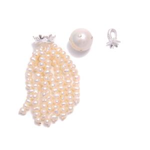 925 Sterling Silver Freshwater Pearl Lotus Tassel Pendant with White Zircon