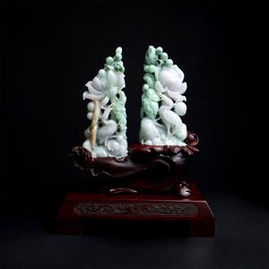  3264 Carats Royal Cranes in Jade Type A Jadeite Carving on a Hand Carved Wooden Base 