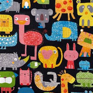 Sukiya Animals On Black Cotton Linen Mix Fabric 0.5m