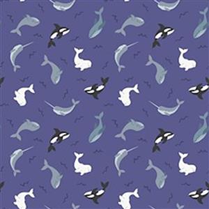 Lewis & Irene Small Things Polar Animals Whales on Indigo Blue Fabric 0.5m