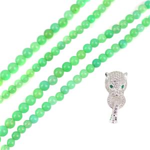 Pantheress- 925 Sterling Silver Panther Clasp With Zircon with 229.00 cts Chrysoprase Smooth Round 100 cms 4-6 mm
