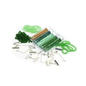 Green Jewel; 5 x Seed Beads 8/0, 3 x Glass Bead & End Clamps