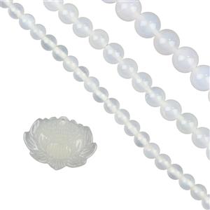 Ice Beauty - Icy White Branca Onyx Flower, 6,8 & 10mm Icy White Branca Onyx Plain Rounds Strands, 38cm