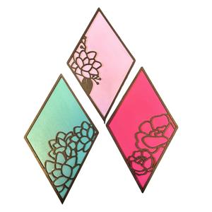 MDF Diamond shape floral plaques set of 3
