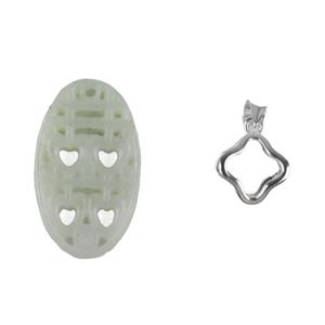 Type A White Jadeite Carved Oval with 925 Sterling Silver Clover Shaped Pinch Bail