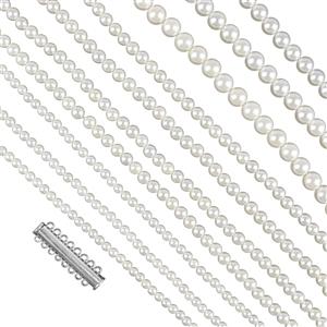 White Shell Pearl Plain Rounds (3x 4mm, 4x 6mm, 3x 8mm) Set of 10, 39cm Strands, Silver Plated Base Metal Multi-Strand, 8 Loop