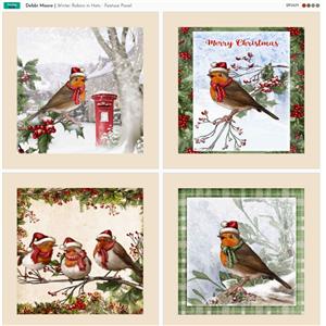 Debbi Moore Winter Robins in Hats 4 Feature Squares Fabric Panel (70cm x 72cm)