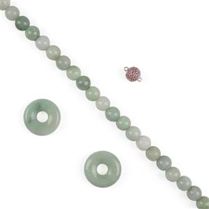 510cts Jadeite Rounds Approx 8mm, 90cm; 30cts Jadeite Donuts Approx 20mm x2pcs & Silver Clasp with Pink Tourmaline