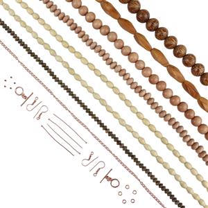 Mixed Shapes! Mixed Shape Wooden Beads 7x Strands & Rose Gold Base Metal Findings Pack 