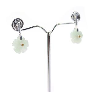 925 Sterling Silver Earrings Type A Burmese Jadeite Flowers Approx 15mm With Citrine, 1 Pair