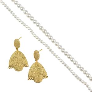 Gold Plated Base Metal Statement Earring Findings Kit with White Shell Pearls