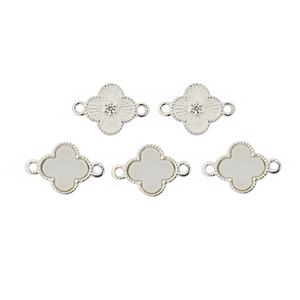 925 Sterling Silver Clover Shape Connector White Opal & White Zicron, Approx 15x10mm (Set of 5)
