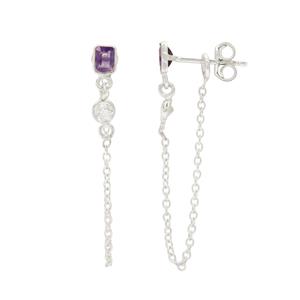 925 Sterling Silver Pair of Earrings with Cushion Amethyst and White Topaz