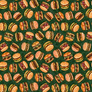 Dan Morris Order Up Hamburgers on Green Fabric 0.5m