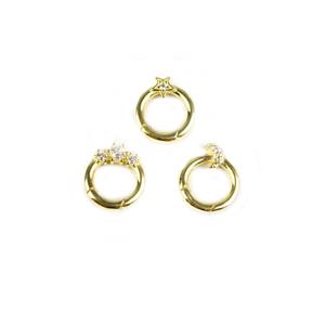 Gold 925 Sterling Silver Moon, Star and Three Studs Open hinged Jump Ring with White Topaz, 12mm 3pcs (3 Designs) 