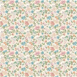 Poppie Cotton Garden Party Collection Floral Cream Fabric 0.5m