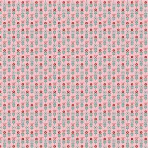 Poppie Cotton Chick-A-Doodle-Doo Tulip Row on Pink Fabric 0.5m UK exclusive