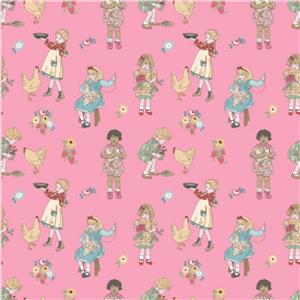 Poppie Cotton Hopscotch & Freckles Hens Pink Fabric 0.5m