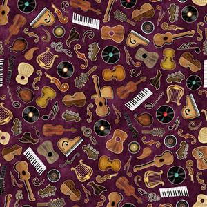 Dan Morris Tiny Tunes Music Elements Toss Claret Fabric 0.5m
