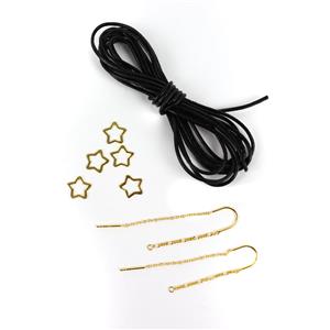Shooting Star - Gold Plated Sterling Silver Star Shaped Jump Rings 3pcs with Gold Plated 925 Sterling Silver Earring Wire With Cable And Figaro Chain 
