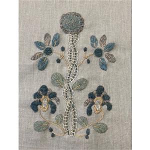 Little House of Victoria Grey Auricula Embroidery Kit;  Wool Threads & Grey Pure Linen Panel