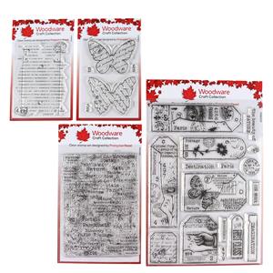 By Francoise Read - Woodware Stamps - Set of 4 incl; Tag Collection, Torn Paper Butterflies, Mini Notebook & Worn Notebook