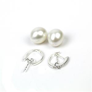 White Freshwater Cultured Drop Pearls Approx 11-12mm With 925 Sterling Silver Earrings With CZ