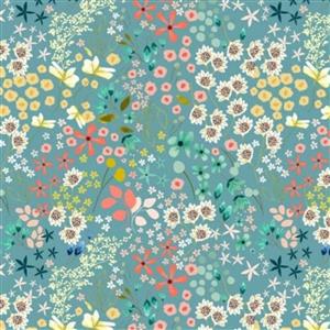 Poppie Cotton Serenity Blooms Collection Meadow Dream Blue Fabric 0.5m