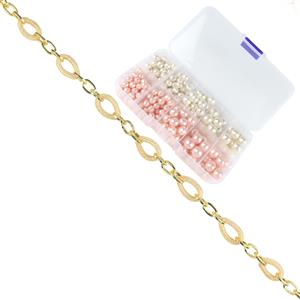 1m Gold Plated Base Metal Chain, Links 12x7mm & 22x13mm & White & Pink Faceted Shell Pearl Box Set