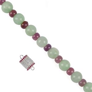 100cts Type A Jadeite Rounds with Ruby Rondelles, 20cm Strand + 925 Sterling Silver Clasp with Natural Zircon and Ruby