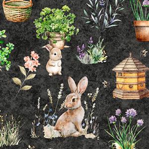Dan Morris Creative Group Hunny Bunny Collection Bunny Allover Black Fabric 0.5m