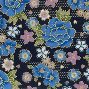 Sokyo Blue Blooms On Black Fabric 0.5m