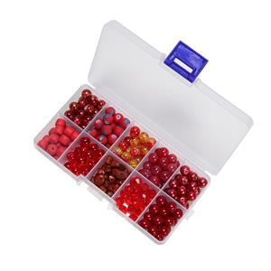 Storage Box with Red Glass Beads, Resin Beads and Quartz Chips,10 Component