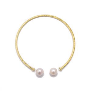 Gold Plated 925 Sterling Silver Twisted Bangle With 2 x White Freshwater Cultured Pearls Approx 8mm