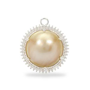 925 Sterling Silver Halo Pendant with South Sea Golden Mabe Cultured Pearl & White Zircon, Approx 19mm