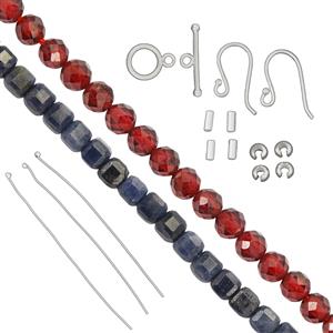 Royal Suite - Rhodolite Garnet Faceted 3mm Rounds, Blue Sapphire Faceted Cubes, 2mm & 925 Sterling Silver Findings Pack 