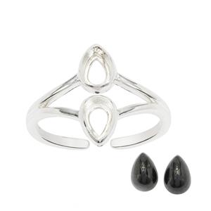 925 Sterling Silver Adjustable Ring with Black Spinel, Approx 6x4mm