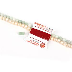Mini Mala; Jadeite Plain Rounds, Apricot Freshwater Cultured Pearls, Jadeite Tube & Silk Thread 