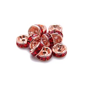 Rose Gold Plated Spacer Beads with Red Stones Approx 8mm, 10pcs