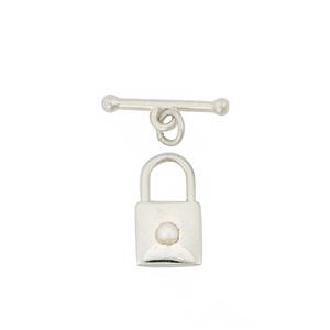 925 Sterling Silver Padlock Clasp with 0.14cts White Freshwater Cultured Pearls, T Bar 17mm, Approx 15x15mm