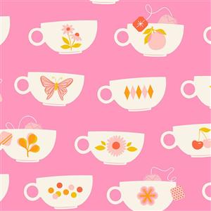 Melody Miller Camellia Tea Cups Flamingo Fabric 0.5m