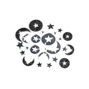 Acrylic moon and star pendant and earrings: black glitter and silver mirror (12pc)