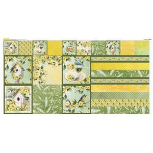 Debbi Moore Designs Variety Squares Spring Birds Yellow Fabric Panel (140 x 71cm)