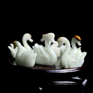The Swan Song I Type A Jadeite Carving on a Hand Carved Wooden Base 