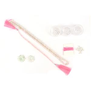 Suzie's Pink Mala; Pink Water Jadeite Fancy Beads, White Jadeite Carved Flowers, Morganite Roundelles, Sterling Silver Spacer Beads & Nylon Cord